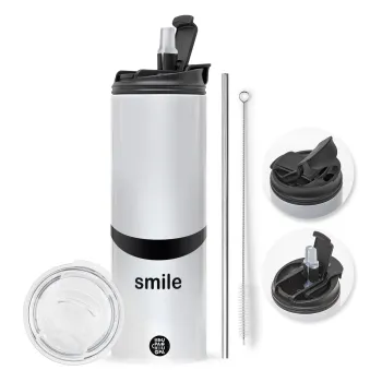 Smile!!!, Travel Tumbler θερμό με διπλό καπάκι, μεταλλικό καλαμάκι και βούρτσα καθαρισμού (Ανωξείδωτο 304 Food grade, BPA free, 600ml)