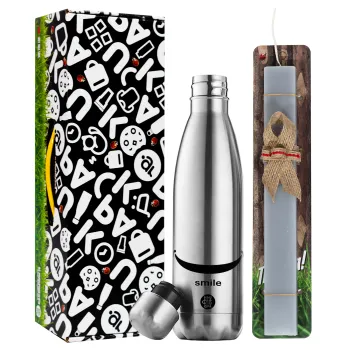 Smile!!!, Easter Set, metallic stainless thermos flask (500ml) & scented flat Easter candle (30cm) (GRAY)