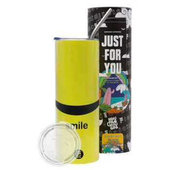 Smile!!!, Neon Yellow Travel Tumbler θερμό, μεταλλικό καλαμάκι(Ανωξείδωτο 304 Food grade, BPA free, 600ml)