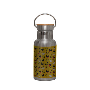 Smilies , Stainless steel metallic thermos flask, silver with a bamboo lid, double-walled, 350ml.