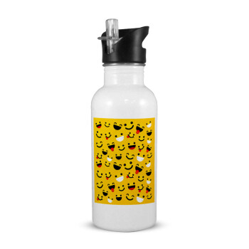 Smilies , White water bottle with straw, stainless steel 600ml
