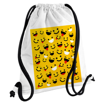 Smilies , Backpack pouch GYMBAG white, with pocket (40x48cm) & thick cords