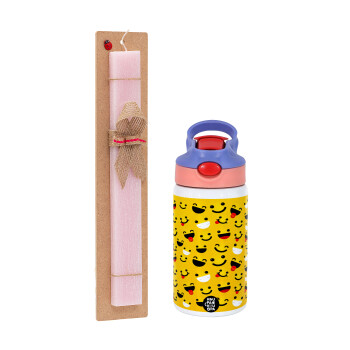 Smilies , Easter Set, Children's thermal stainless steel water bottle with safety straw, pink/purple (350ml) & Easter scented flat candle (30cm) (PINK)