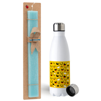 Smilies , Easter Set, metallic stainless steel water bottle (750ml) & aromatic flat Easter candle (30cm) (TURQUOISE)
