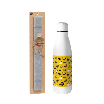 Smilies , Easter Set, metallic stainless thermos bottle (500ml) & scented flat Easter candle (30cm) (GRAY)