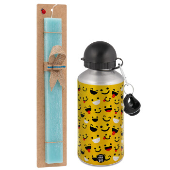 Smilies , Easter Set, metallic silver aluminum water bottle (500ml) & scented flat Easter candle (30cm) (TURQUOISE)