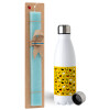 Easter Set, metallic stainless steel water bottle (750ml) & aromatic flat Easter candle (30cm) (TURQUOISE)