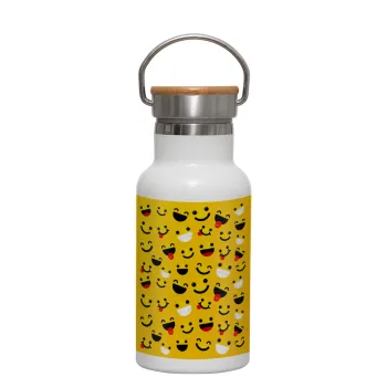 Smilies , Μεταλλικό παγούρι θερμός (Stainless steel) Λευκό με ξύλινο καπακι (bamboo), διπλού τοιχώματος, 350ml
