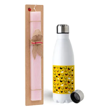 Smilies , Easter Set, metallic stainless steel water bottle (750ml) & scented flat Easter candle (30cm) (PINK)