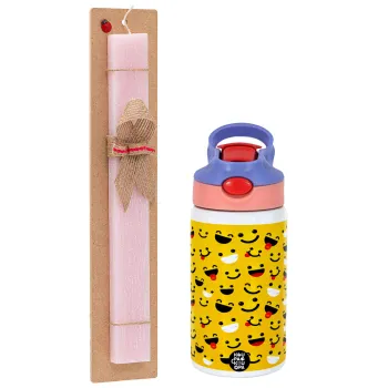 Smilies , Easter Set, Children's thermal stainless steel water bottle with safety straw, pink/purple (350ml) & Easter scented flat candle (30cm) (PINK)