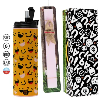 Smilies , Πασχαλινή Λαμπάδα με  ΡΟΖ Travel Tumbler θερμό (600ml, BPA free) & κερί αρωματικό πλακέ (30cm) (ΡΟΖ)