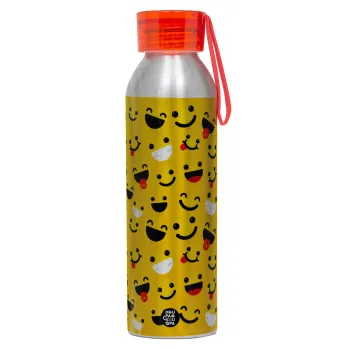 Smilies , Αλουμινένιο Αθλητικό Μπουκάλι 650ml – Ασημί με Κόκκινο Καπάκι και Λουράκι Σιλικόνης
