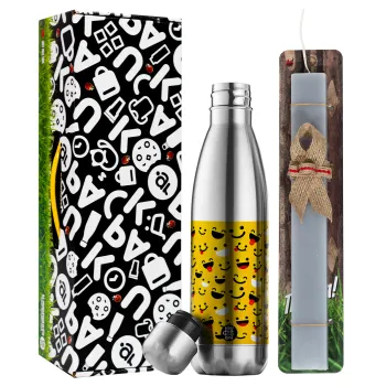 Smilies , Easter Set, metallic stainless thermos flask (500ml) & scented flat Easter candle (30cm) (GRAY)