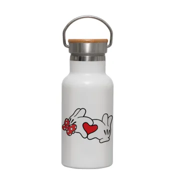 Love hands, Metallic thermos (Stainless steel) White with wooden lid (bamboo), double-walled, 350ml