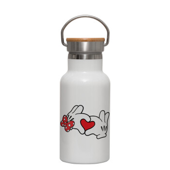Love hands, Metallic thermos (Stainless steel) White with wooden lid (bamboo), double-walled, 350ml