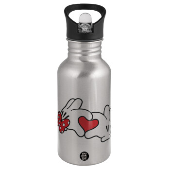 Love hands, Water bottle Silver with straw, stainless steel 500ml