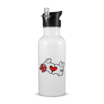 Love hands, White water bottle with straw, stainless steel 600ml