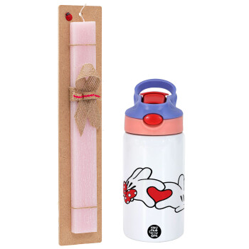 Love hands, Easter Set, Children's thermal stainless steel water bottle with safety straw, pink/purple (350ml) & Easter scented flat candle (30cm) (PINK)
