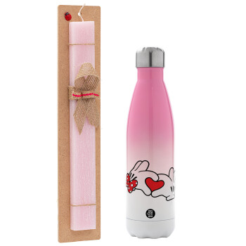 Love hands, Easter Set, Metallic pink/white (Stainless steel) thermos, double-walled, 500ml & aromatic flat Easter candle (30cm) (PINK)