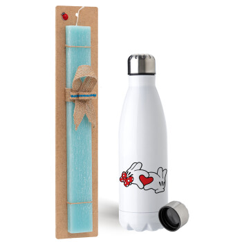 Love hands, Easter Set, metallic stainless steel water bottle (750ml) & aromatic flat Easter candle (30cm) (TURQUOISE)