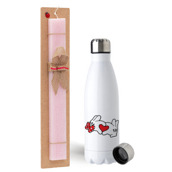 Love hands, Easter Set, metallic stainless steel water bottle (750ml) & scented flat Easter candle (30cm) (PINK)