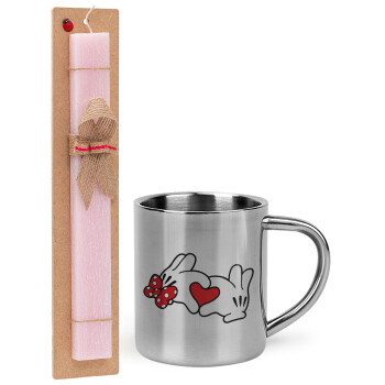 Love hands, Easter Set, metallic thermal cup (300ml) & aromatic flat Easter candle (30cm) (PINK)