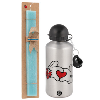 Love hands, Easter Set, metallic silver aluminum water bottle (500ml) & scented flat Easter candle (30cm) (TURQUOISE)