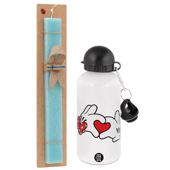 Love hands, Easter Set, metallic aluminum water bottle (500ml) & scented flat candle (30cm) (TURQUOISE)