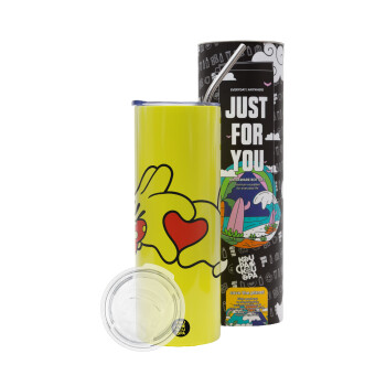 Love hands, Neon Yellow Travel Tumbler, with metal straw (Stainless steel 304 Food grade, BPA free, 600ml)