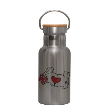 Love hands, Μεταλλικό παγούρι θερμός (Stainless steel) Ασημένιο με ξύλινο καπακι (bamboo), διπλού τοιχώματος, 350ml
