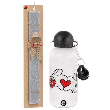 Love hands, Easter Set, metallic aluminum water bottle (500ml) & aromatic flat Easter candle (30cm) (GRAY)