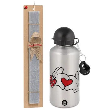 Love hands, Easter Set, metallic silver aluminum water bottle (500ml) & aromatic flat Easter candle (30cm) (GRAY)