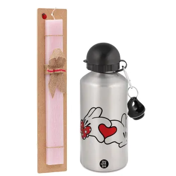 Love hands, Easter Set, metallic Silver aluminum water bottle (500ml) & scented flat Easter candle (30cm) (PINK)