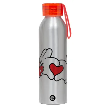Love hands, Aluminum Sports Bottle 650ml – Silver with Red Cap and Silicone Strap