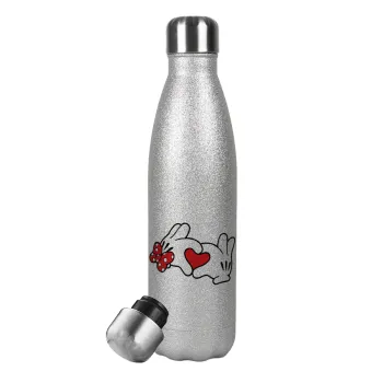 Love hands, Μεταλλικό παγούρι θερμός Glitter Aσημένιο (Stainless steel), διπλού τοιχώματος, 500ml