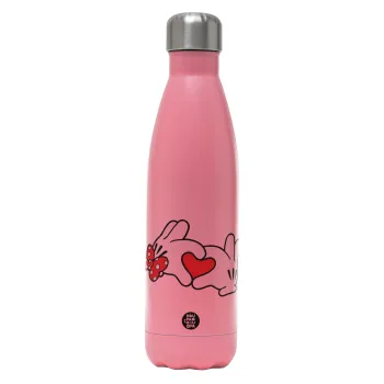 Love hands, Μεταλλικό παγούρι θερμός Ροζ Ματ (Stainless steel), διπλού τοιχώματος, 500ml