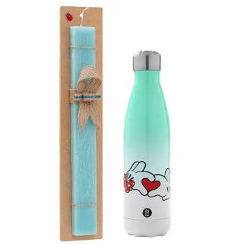 Love hands, Easter Set, Metallic green/white thermos (Stainless steel), double-walled, 500ml & scented flat Easter candle (30cm) (TURQUOISE)