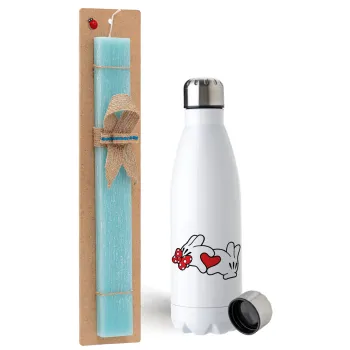 Love hands, Easter Set, metallic stainless steel water bottle (750ml) & aromatic flat Easter candle (30cm) (TURQUOISE)