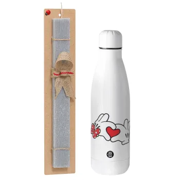Love hands, Easter Set, metallic stainless thermos bottle (500ml) & scented flat Easter candle (30cm) (GRAY)
