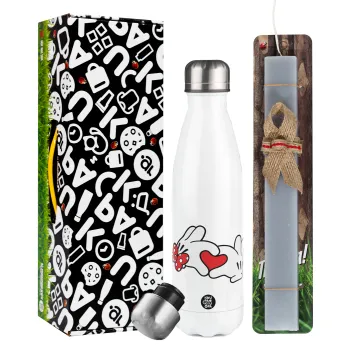 Love hands, Easter candle, metallic white thermos bottle (500ml) & aromatic flat candle (30cm) (GRAY)