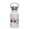 Metallic thermos (Stainless steel) White with wooden lid (bamboo), double-walled, 350ml