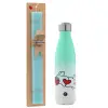 Easter Set, Metallic green/white thermos (Stainless steel), double-walled, 500ml & scented flat Easter candle (30cm) (TURQUOISE)