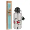 Easter Set, metallic silver aluminum water bottle (500ml) & scented flat Easter candle (30cm) (TURQUOISE)