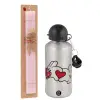 Easter Set, metallic Silver aluminum water bottle (500ml) & scented flat Easter candle (30cm) (PINK)