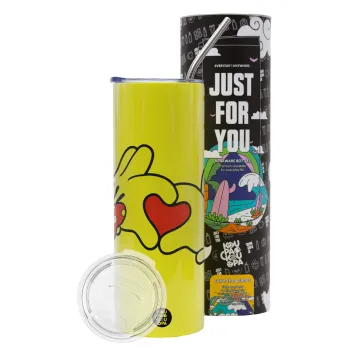 Love hands, Neon Yellow Travel Tumbler θερμό, μεταλλικό καλαμάκι(Ανωξείδωτο 304 Food grade, BPA free, 600ml)