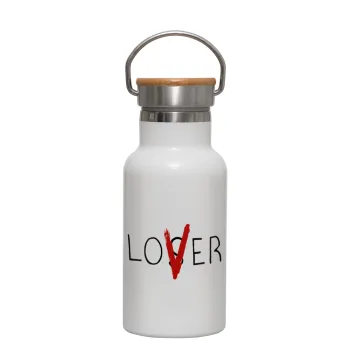 IT Lov(s)er, Metallic thermos (Stainless steel) White with wooden lid (bamboo), double-walled, 350ml
