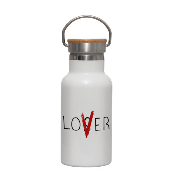 IT Lov(s)er, Metallic thermos (Stainless steel) White with wooden lid (bamboo), double-walled, 350ml