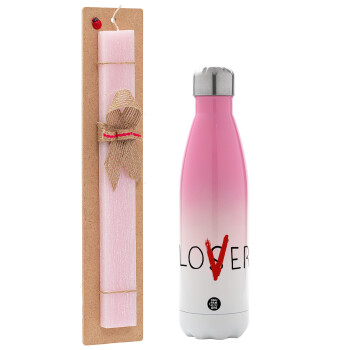 IT Lov(s)er, Easter Set, Metallic pink/white (Stainless steel) thermos, double-walled, 500ml & aromatic flat Easter candle (30cm) (PINK)