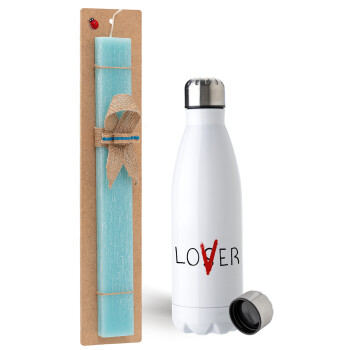 IT Lov(s)er, Easter Set, metallic stainless steel water bottle (750ml) & aromatic flat Easter candle (30cm) (TURQUOISE)
