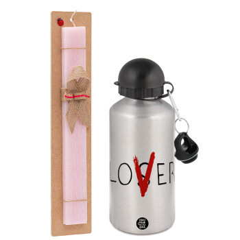 IT Lov(s)er, Easter Set, metallic Silver aluminum water bottle (500ml) & scented flat Easter candle (30cm) (PINK)